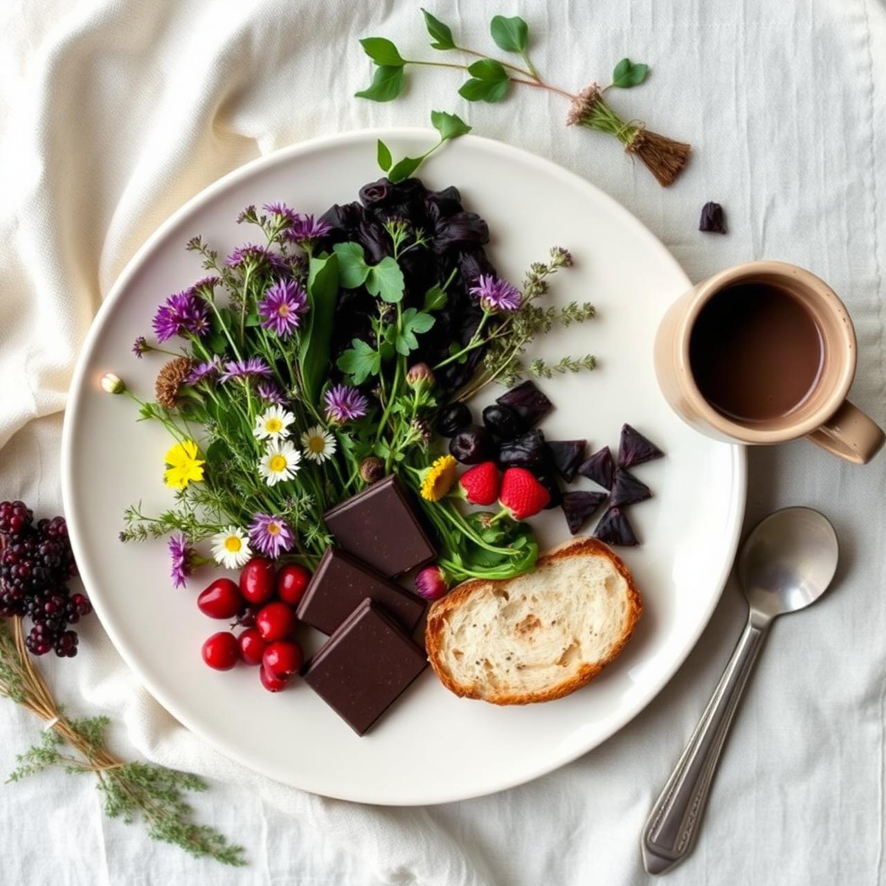 Foraged feasting plate with wild herbs, edible flowers and botanical hot chocolate