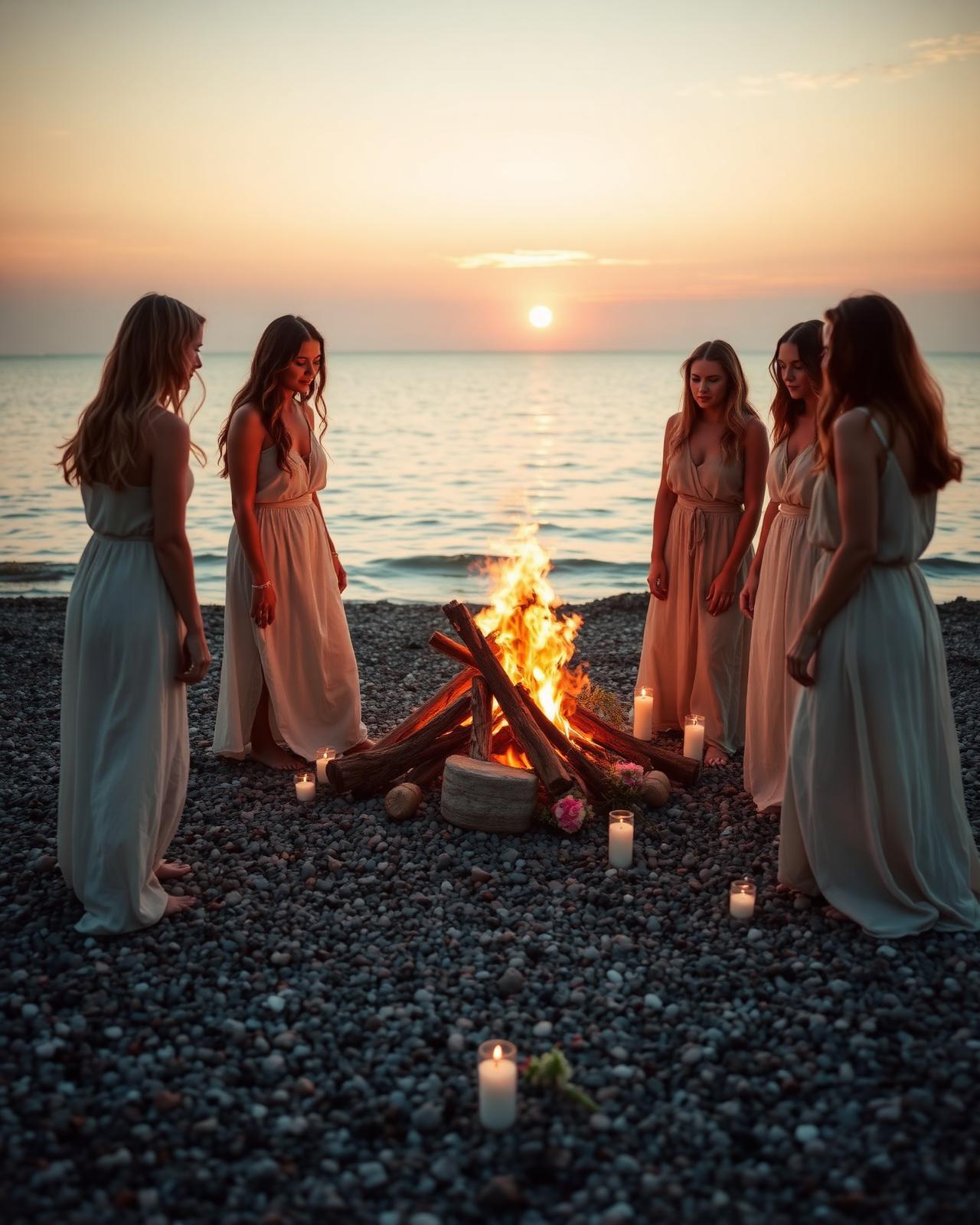 Women in linen dresses gathered around a beach bonfire at sunset